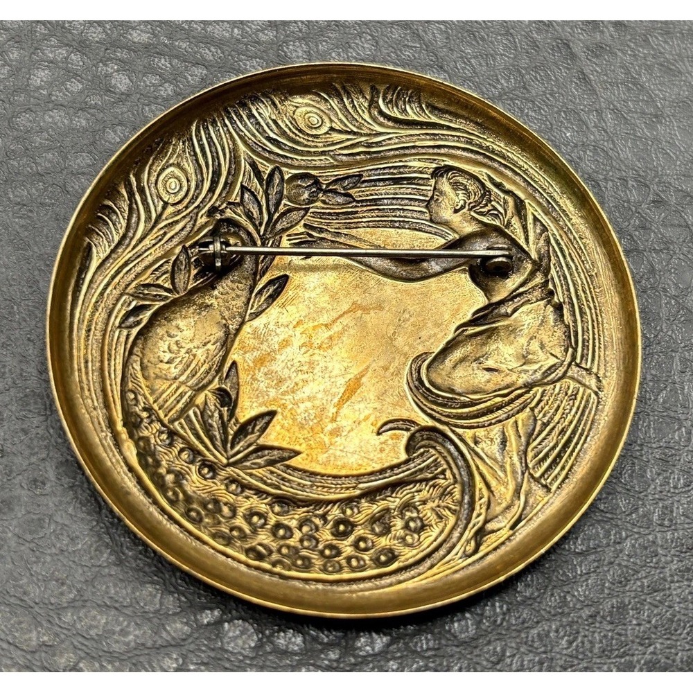 Vintage Art Nouveau Style Lady Peacock Brass Tone Brooch Pin - Picture 8 of 10